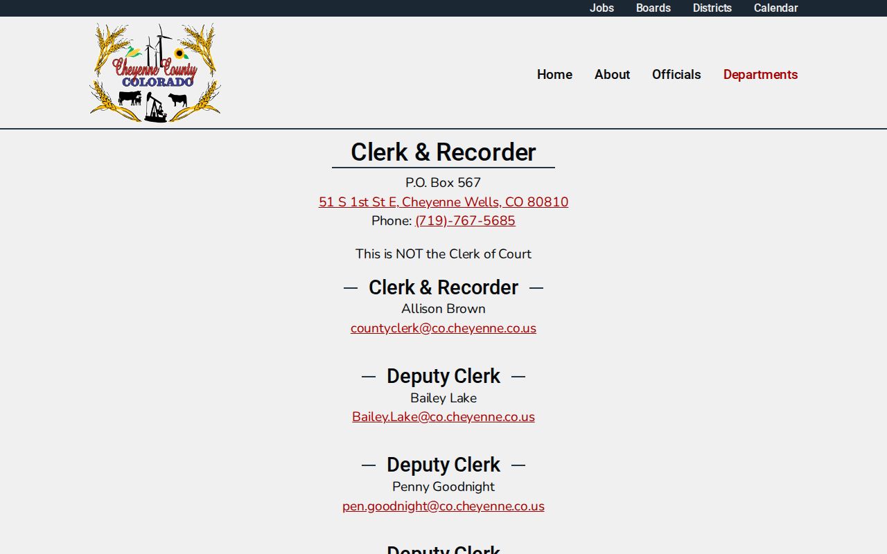 Cheyenne County criminal history warning that Clerk and Recorder is not court clerk